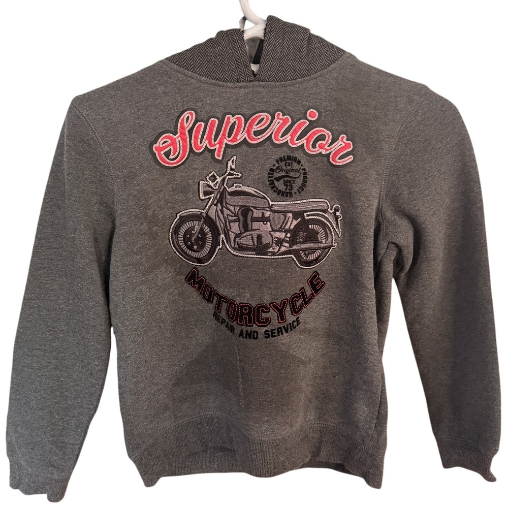 Epic Threads Kids Grey Motorcycle Graphic Sherpa Lined Hoodie Sweatshirt Small *